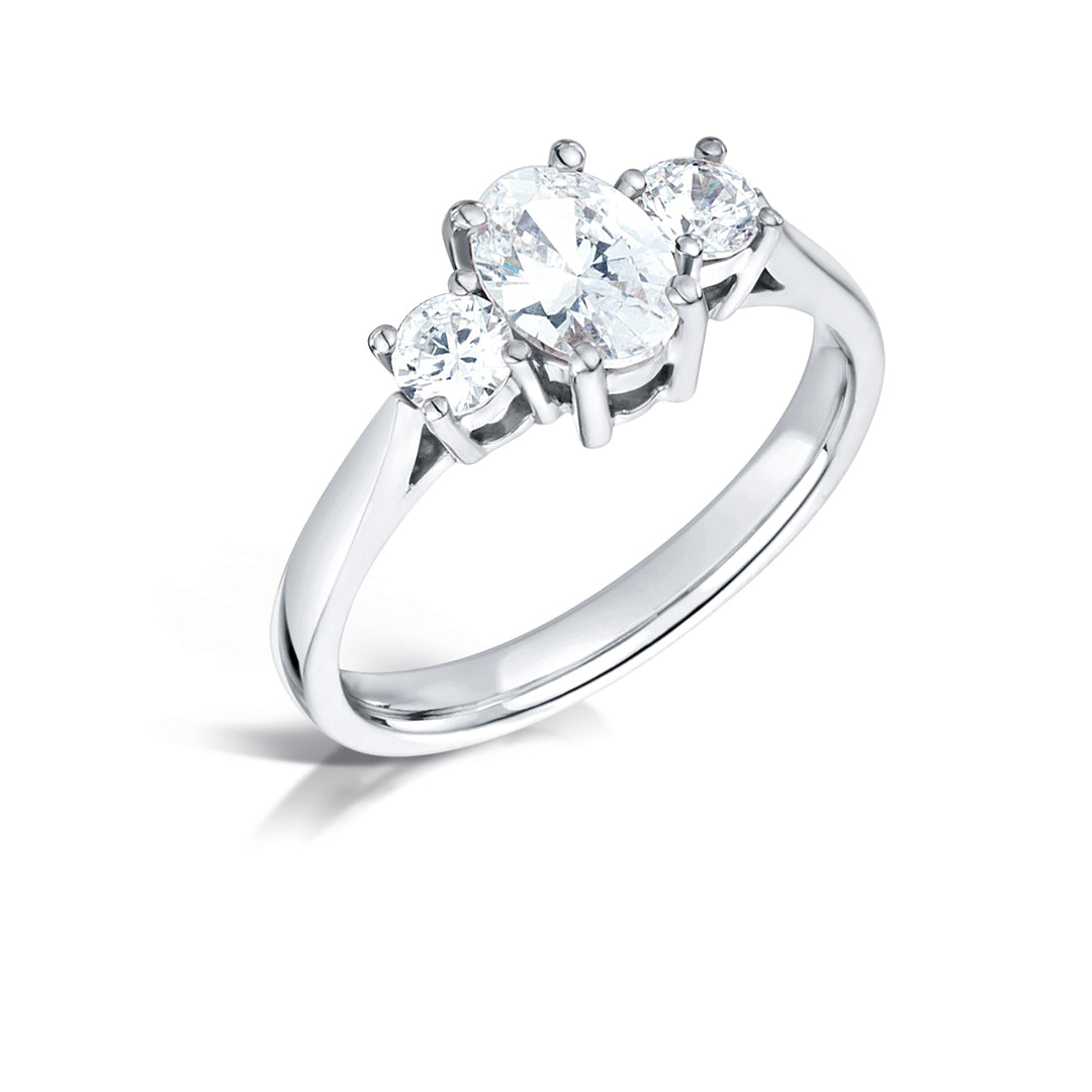Three Stone Oval And Round Brilliant Diamond Low Set Trilogy Ring