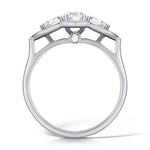 Load image into Gallery viewer, Three Stone Round Brilliant Diamond Ring In A Pear Style Grain Set Halo Design