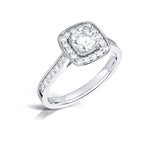 Load image into Gallery viewer, Round Brilliant Diamond Ring In A Cushion Shaped Grain Set Halo Design