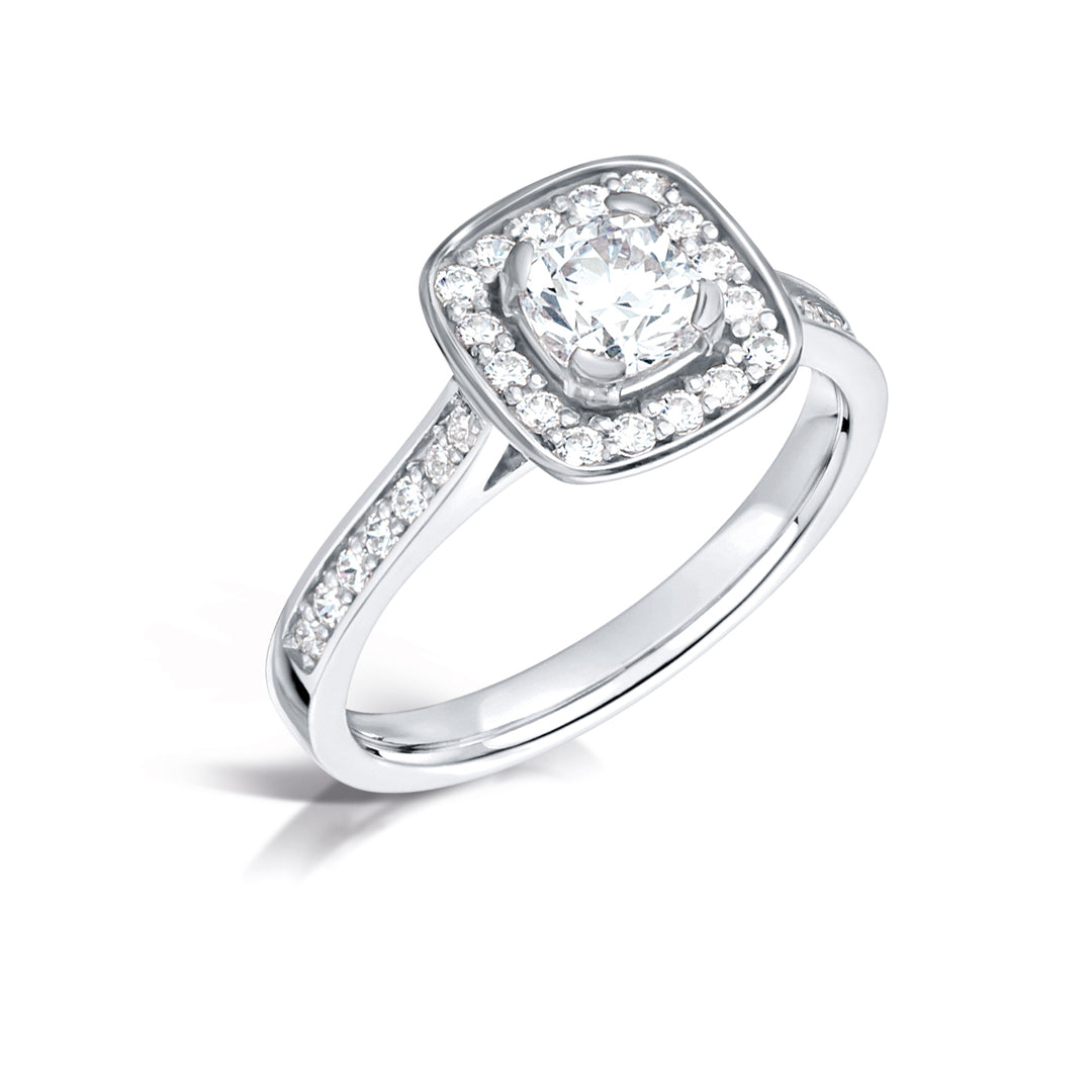 Round Brilliant Diamond Ring In A Cushion Shaped Grain Set Halo Design