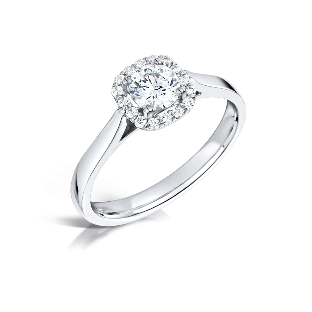 Round Brilliant Cut Diamond Ring In A Cushion Shaped Micro Set Halo Ring