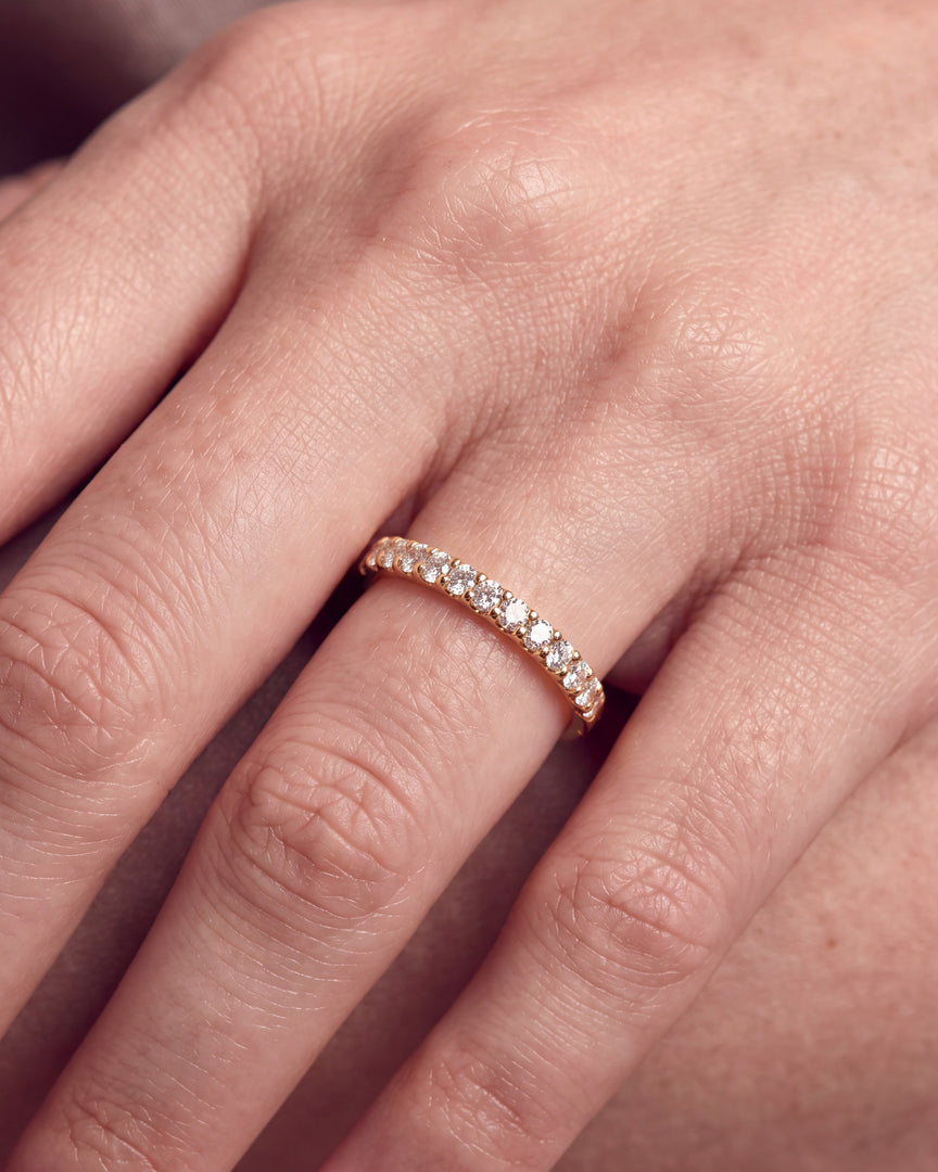 2.5mm Micro Half Set Diamond Band worn, close-up on the ring finger