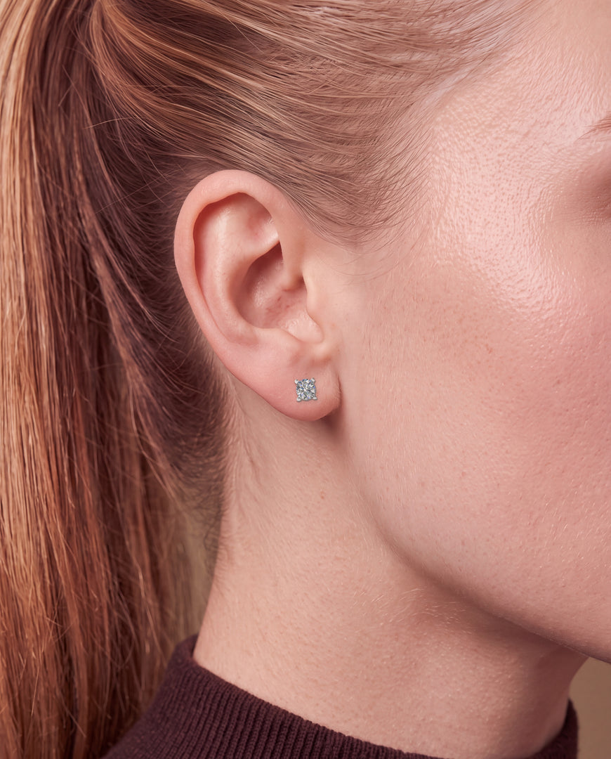 Martini Style 4 Claw Diamond Stud Earrings worn – close-up on the ear