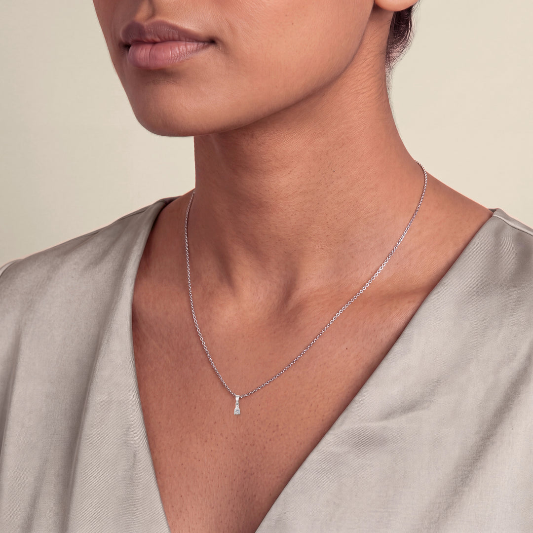 Model wearing the Pear Shaped Diamond Pendant on a fine chain