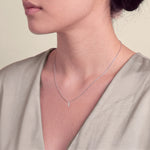 Load image into Gallery viewer, Model wearing the Three Stone Diamond Pendant on a fine chain