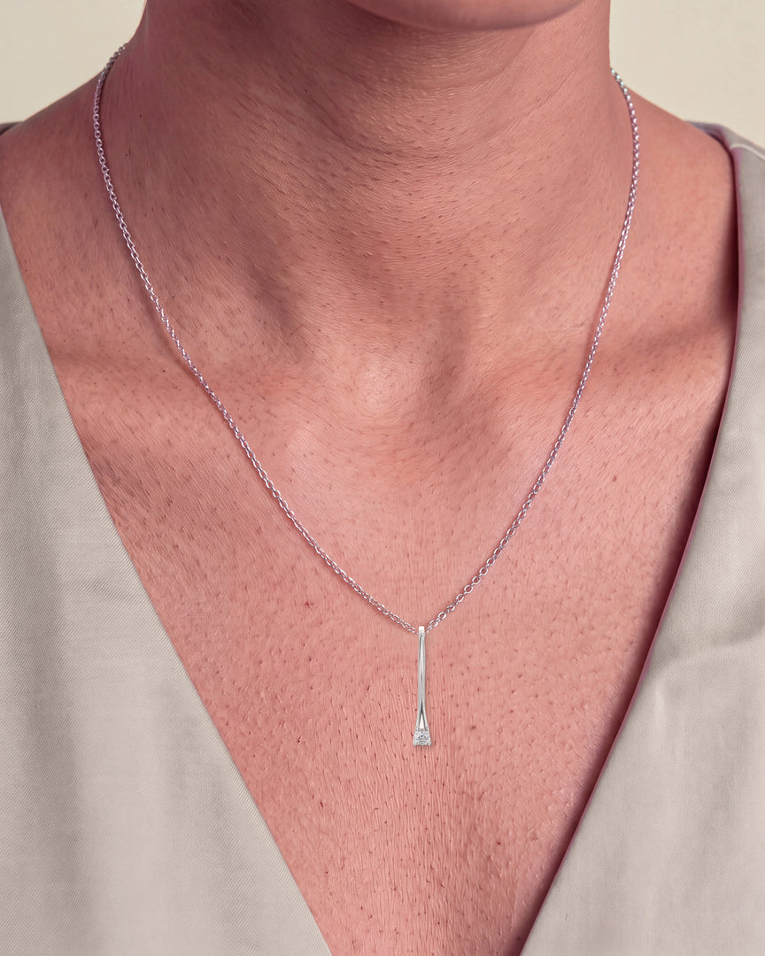Round Diamond Long Pendant worn – close-up on the collarbone