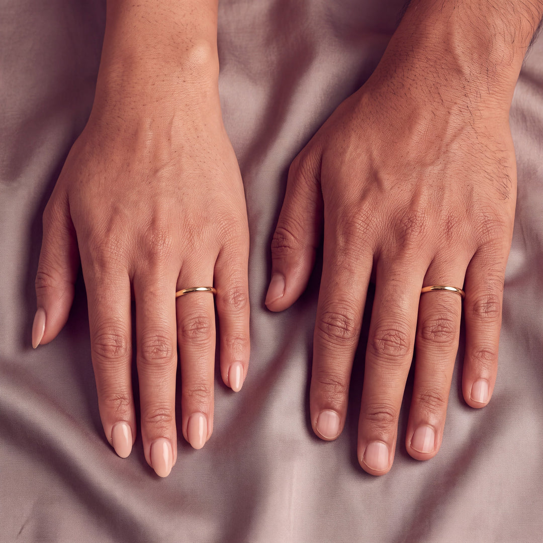 2mm Traditional Court Wedding Band worn by a couple, his and hers