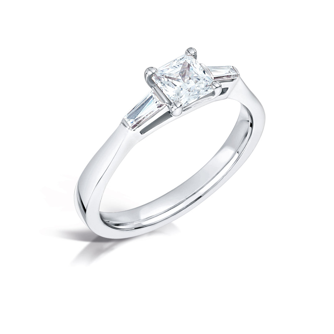 Three Stone Princess and Baguette Cur Diamond Classic Trilogy Ring