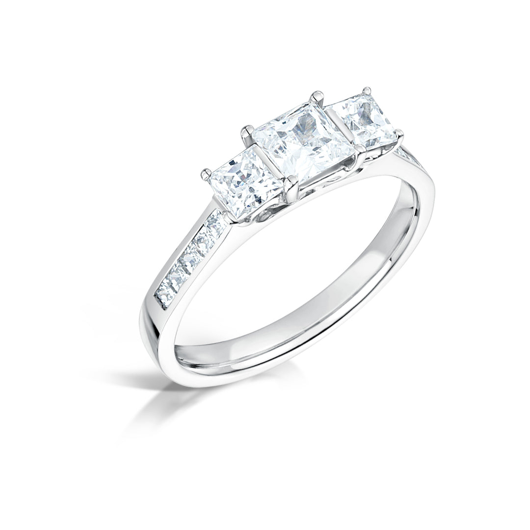 Three Stone Princess Cut Diamond Ring With Channel Set Diamond Shoulders