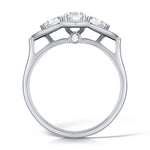 Load image into Gallery viewer, Three Stone Round Brilliant Diamond Ring In A Pear Style Grain Set Halo Design
