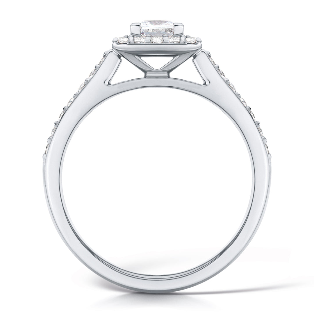 Princess Cut Diamond Ring In A Grain Set Halo Design