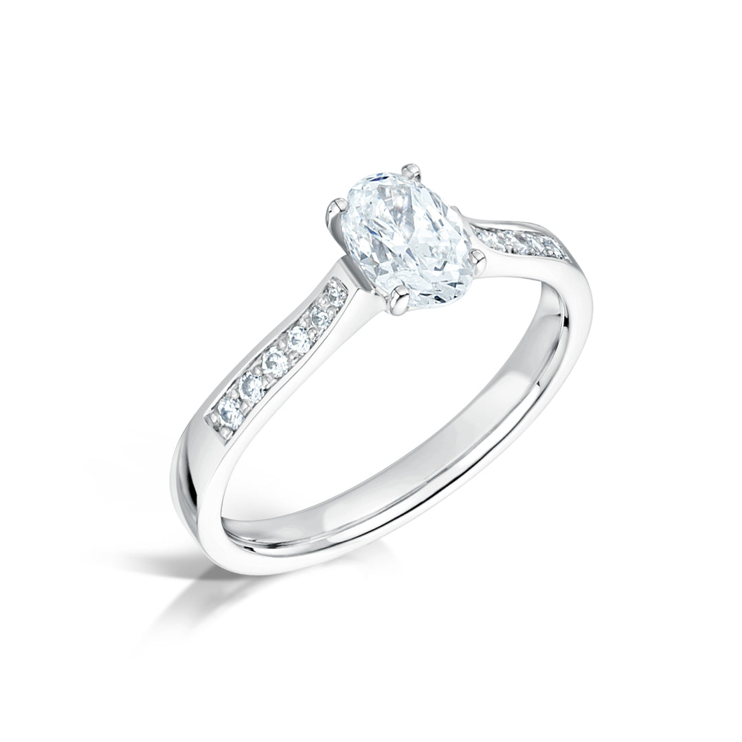 Oval Cut 4 Claw Diamond Ring With Grain Set Shoulders