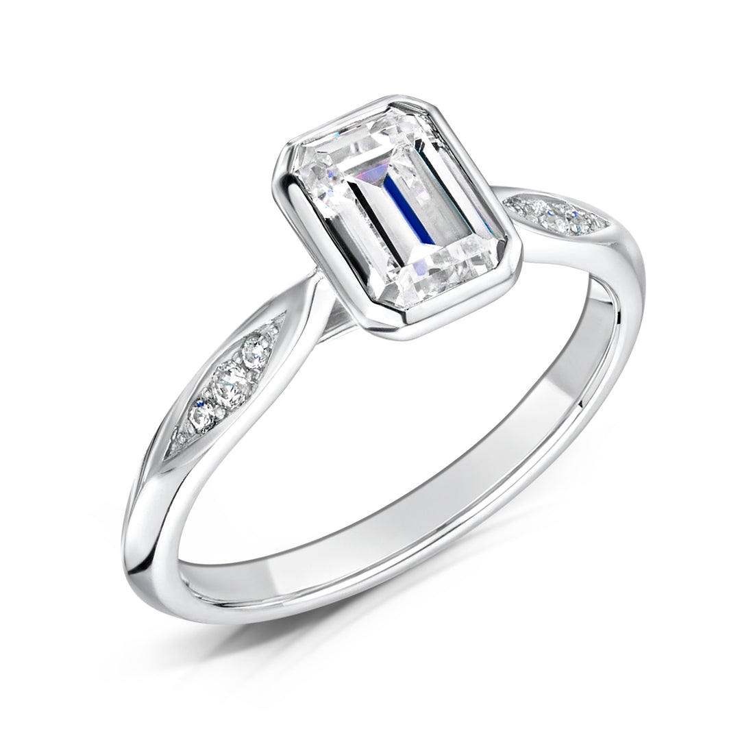 Emerald Cut Rubover Diamond Ring With Grain Set Shoulders